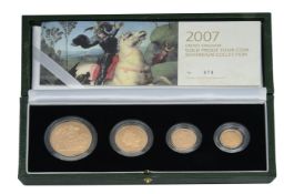 Royal Mint Elizabeth II 2007 gold proof four-coin Sovereign set.