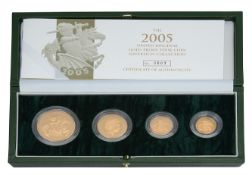 Royal Mint, Elizabeth II 2005 gold proof four-coin Sovereign set.