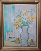 Still life oil painting of a vase of Flowers on a table, by the actress Jane Greer and signed by