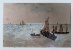 William Douglas Framed Watercolour "Fishing Smacks off Tamworth" Approx. 10 x 15cm