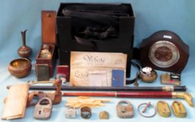 Mixed lot including weapon safety bag, clock. ebonised sword stick, walking canes, brassware, scales