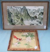Framed Oriental silk picture, plus framed Oriental print Both in reasonable used condition