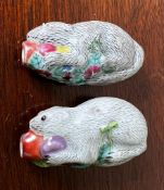 TWO 19th CENTURY CERAMIC SNUFF BOTTLES IN THE FORM OF ORIENTAL SQUIRRELS, APPROX 7.5cm HIGH