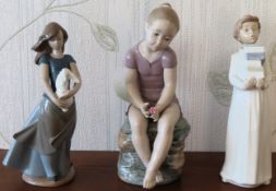 Three various Nao glazed ceramic figures. Largest Approx. 30cms reasonable used condition