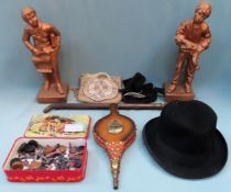 Mixed lot including The Rose lead chess pieces, bellows, top hat, gilded figures, purses, gloves etc