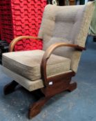 Art Deco style upholstered oak framed rocking armchair. Approx. 95 x 85 x 62cms used with scuffs