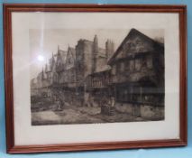 Framed monochrome print depicting Chester high street scene. Appears in reasonable used condition