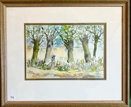 JOHN SEABROOK, WATERCOLOUR- TREES AND HOUSE IN JERSEY, APPROX 16 x 23cm