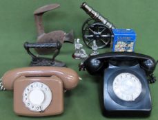 Sundry lot Inc vintage telephones, shoe last, flat iron, cast metal cannon, etc all used and
