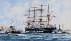 J. A. Drinkwater framed watercolour - The Russian tall ship. Approx. 19 x 32cm Appears in reasonable