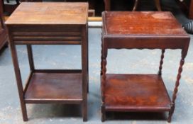 Small early 20th century dark oak barley twist two tier side table, plus oak single drawer side