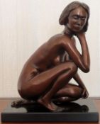 Jeff Childs, Decorative bronze kneeling female figure on marble plinth. Approx. 57cm H
