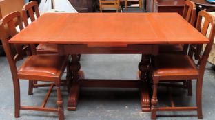 Art Deco oak draw leaf dining table, with four chairs. Approx. 78cm H x 152cm W x 91cm D