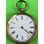Pretty 14k gold engraved patent lever full jewelled fob watch with enamelled dial. Total Approx.