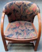 Small Art Deco walnut veneered upholstered low seated armchair. Approx. 70 x 55 x 55cms reasonable