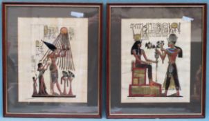 Pair of Egyptian silk paintings. Approx. 26 x 22cm Both appear in reasonable used condition