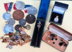 Mixed lot including Gold and silver coloured hat pin, medals, cufflinks etc All in used condition,