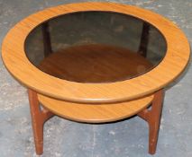 G-Plan style mid 20th century glass topped circular coffee table. Approx. 45 x 84cms D