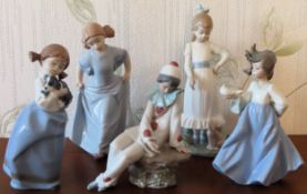 Five various Nao glazed ceramic figures. Tallest Approx. 25cms all reasonable used condition