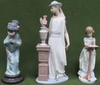Three various Lladro glazed ceramic figures. Largest Approx. 25cms H used and unchecked