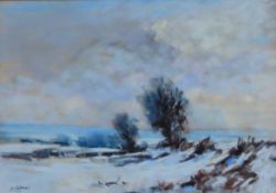 Framed 20th century winterscape scene polychrome print. Approx. 28 x 40cms reasonable used condition