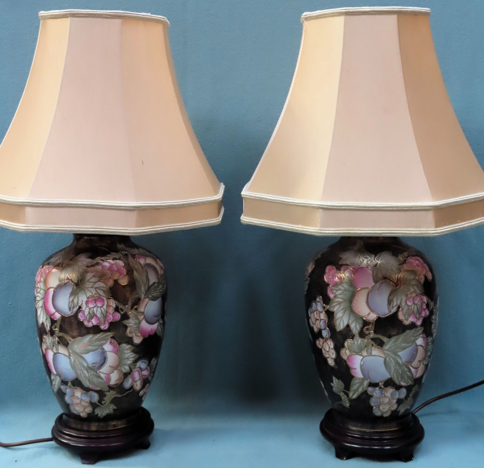 Pair of Oriental style ceramic table lamps with shades. Approx. 65cms H Inc. shades appear