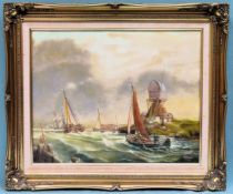20th century framed oil on canvas depicitng sailing boats. Approx. 55 x 65cms reasonable used