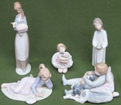 Five various Lladro glazed ceramic figures. Largest Approx. 27cms H all appear reasonable used