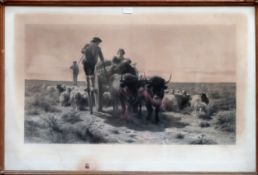 Large gilt framed monochrome print - Landais peasants going to market. App. 67 x 100cm Used