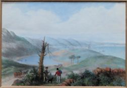 SMALL GILT FRAMED PRINT DEPICTING A COUNTRY HILL SCENE, APPROX 8 x 12cm reasonable used