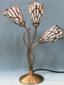 Tiffany style decorative three sconce table lamp with multi-coloured shades. Approx. 41cms H