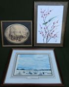 Framed Oriental embroidery on silk, plus prints reasonable used condition