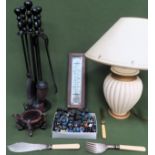 Sundries Inc. table lamp, Kelvin & James White oak themometer, Robertsons character figures,