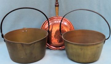 Vintage copper bed warmer plus two brass jam pans all reasonable used condition