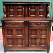 20th century linenfold fronted oak court cupboard. Approx. 127 x 118 x 45cms reasonable used minor