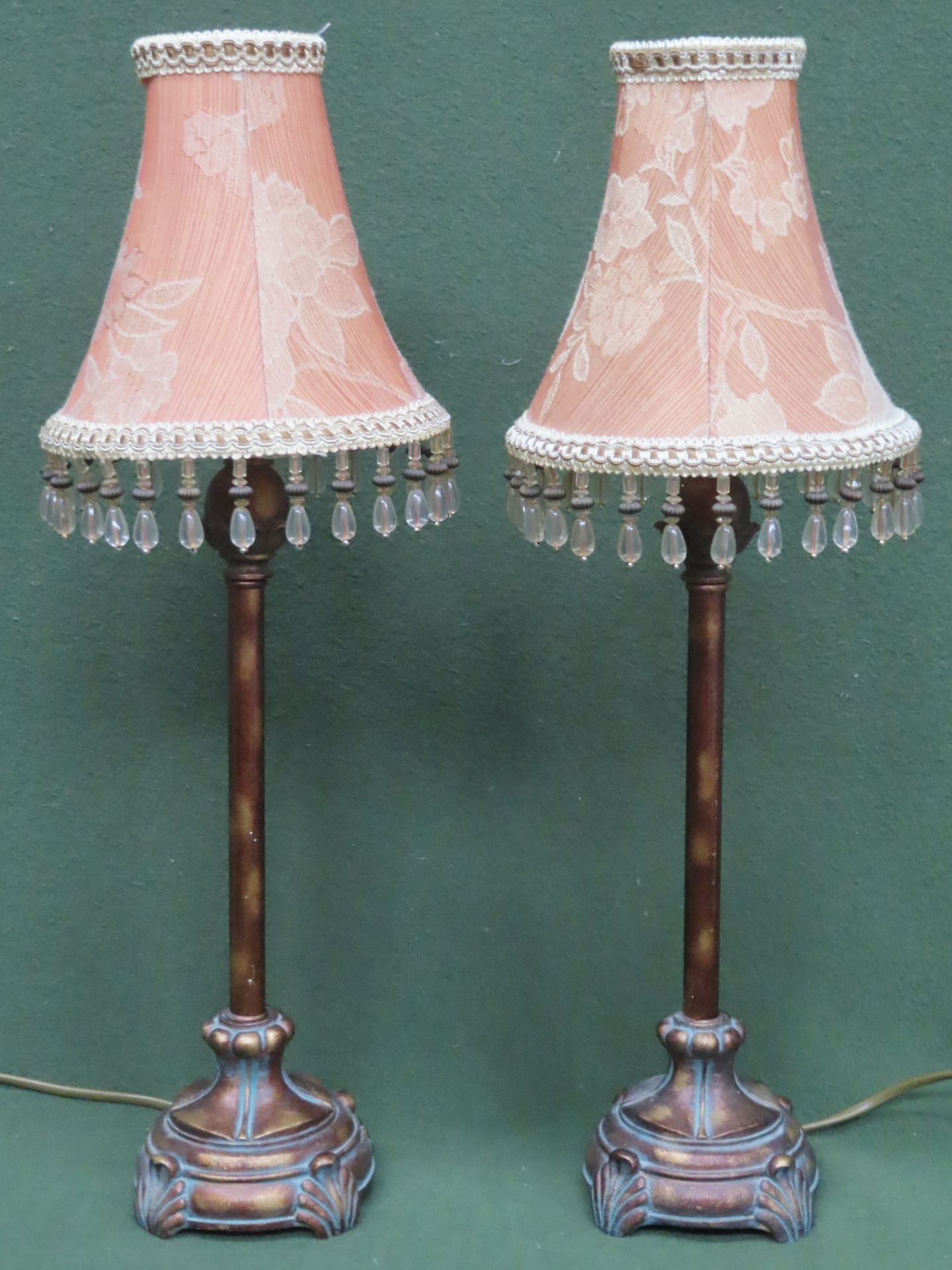 Pair of decorative bedside table lamps, with shades. Approx. 52cms H reasonable used condition