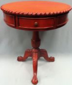 20th century circular topped drum table with pie crust edged decoration and fitted with two drawers,