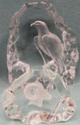 Mats Jonasson clear glass paperweight decorated with an Eagle. Approx. 17cms H. Also smaller Ram's