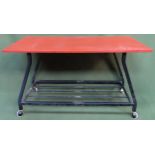 1970's teak topped metal coffee table. Approx. 49 x 84 x 40cm Reasonable used condition, scuffs