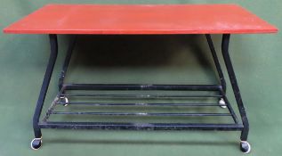 1970's teak topped metal coffee table. Approx. 49 x 84 x 40cm Reasonable used condition, scuffs