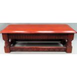 Small linenfold decorated oak low stool. Approx. 25 x 76 x 27cms reasonable used minor scuffs,