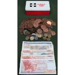 Quantity of various copper coloured coinage, vintage First Aid tin, plus foreign banknotes all