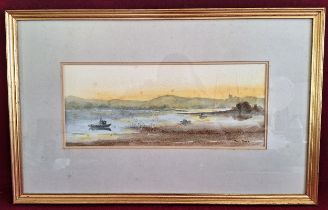 FRAMED WATERCOLOUR DEPICTING FISHING BOATS IN WATER, SIGNED JULIA JONES. APP. 14.5 x 35cm Appears in