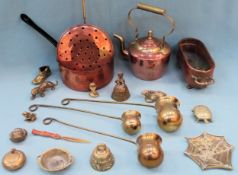 Various copper and brass Inc. teapot, cooking pan, measuring pots, chesnut roaster, etc all used and
