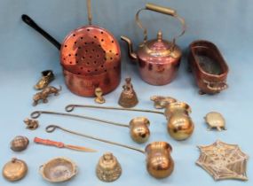 Various copper and brass Inc. teapot, cooking pan, measuring pots, chesnut roaster, etc all used and