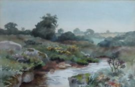 20th century framed watercolour by Florence E Balshaw depicting a countryside river scene. Approx.