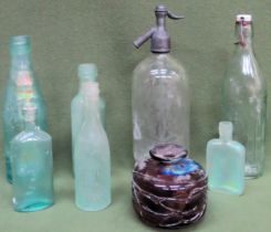 Various glass Inc. old bottles, Mdina vase, soda syphon, etc all used and unchecked