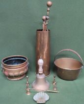 Various brassware Inc. Fire bell, candlesticks, jam pan, trench art shell case, fireside tools,