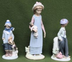 Three various Lladro glazed ceramic figures. Largest Approx. 30cms H all appear reasonable used