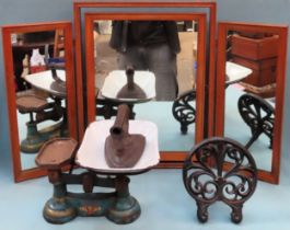 Sundries Inc. three fold dressing mirror, vintage 'Vibrator' weighing scales, fireside irons, all